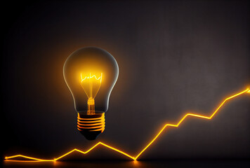 Generative AI illustration of bright idea for business, education, star up growth, light bulbs on dark background, idea concept