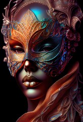 Generative AI illustration of courtesan in a mask made of carnival glass, beautiful make up ideas, gorgeous, beautiful female eyes with carnival glass sparkly eyeshadow