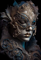 Generative AI illustration of courtesan in a mask made of carnival glass, beautiful make up ideas, gorgeous, beautiful female eyes with carnival glass sparkly eyeshadow