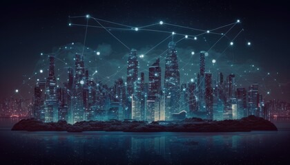 Night modern city with connection line in sky. Future-Ready: The Technological Skyline of a Smart City. Generated by Midjourney AI