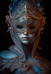 Generative AI illustration of courtesan in a mask made of carnival glass, beautiful make up ideas, gorgeous, beautiful female eyes with carnival glass sparkly eyeshadow