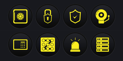 Set Safe, Ringing alarm bell, Graphic password protection, Motion sensor, Shield with check mark, Lock, Server, Data, Web Hosting and icon. Vector