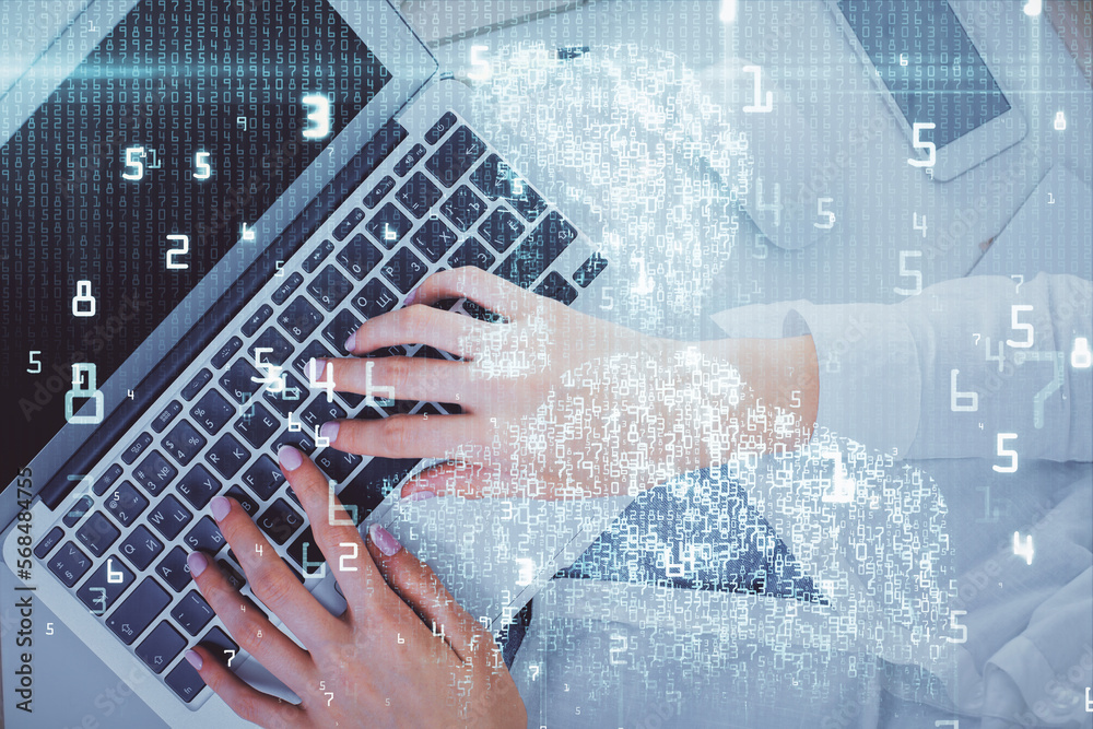 Aufkleber Double exposure of woman hands working on computer and data theme hologram drawing. Top View. Technology concept.