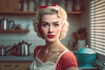 50s style housewife at the kitchen. Retro life style. Generative AI