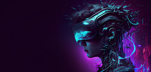 Fototapeta premium Generative AI illustration of Metaverse concept and virtual world elements. Side view of human face in augmented or virtual reality headset inside the metaverse