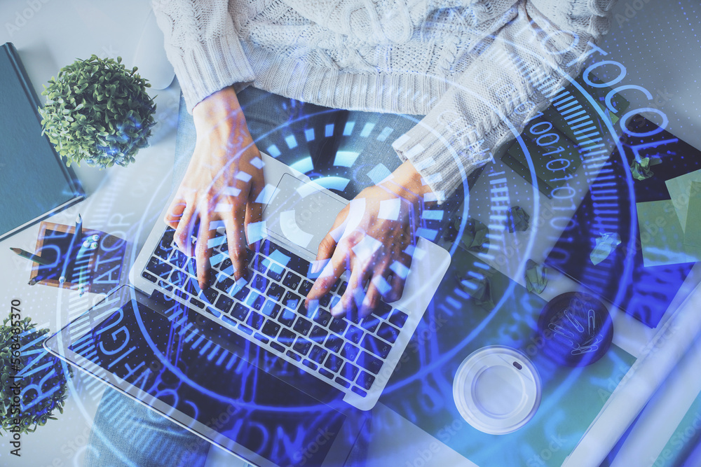 Aufkleber Double exposure of woman hands working on computer and data theme hologram drawing. Top View. Technology concept.