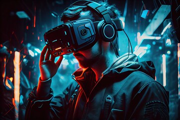 Generative AI illustration of man with virtual reality VR goggle playing AR augmented reality game and entertainment, futuristic metaverse gameFi NFT game ideas