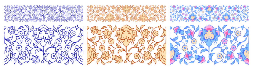 Set of seamless borders with arabesque floral ornament and corner elements. Borders in Arabian style with flowers and leaves. Vector illustration
