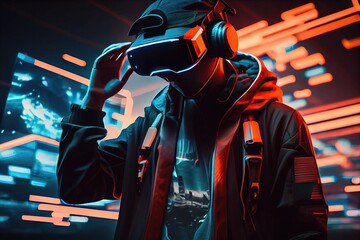 Fototapeta na wymiar Generative AI illustration of man with virtual reality VR goggle playing AR augmented reality game and entertainment, futuristic metaverse gameFi NFT game ideas