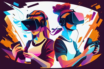 Metaverse VR virtual reality game playing, man and woman play metaverse virtual digital technology game control with VR goggle