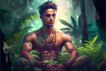 Generative AI illustration of young man meditating in the jungle