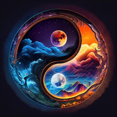 Generative AI illustration of a mythical yin yang magic design made from carnival glass, fantasy sky background, masters of the darkness, fantasy epic atmosphere