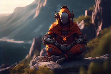 Obraz premium Generative AI illustration of an advanced monk robot cyborg doing yoga on the mountain, zen lighting