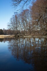 Winter view of river with reflections on the surface and snow on the ground in sunny weather, Pickala, Finland.