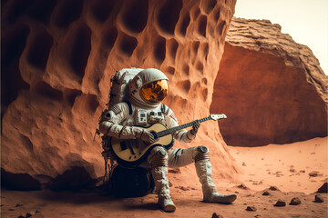 Astronaut playing guitar on alien planet, practicing music, lifestyle and journey concept, ai generated art