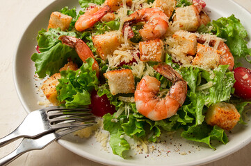 caesar salad, with shrimp, on a white background, homemade, no people,