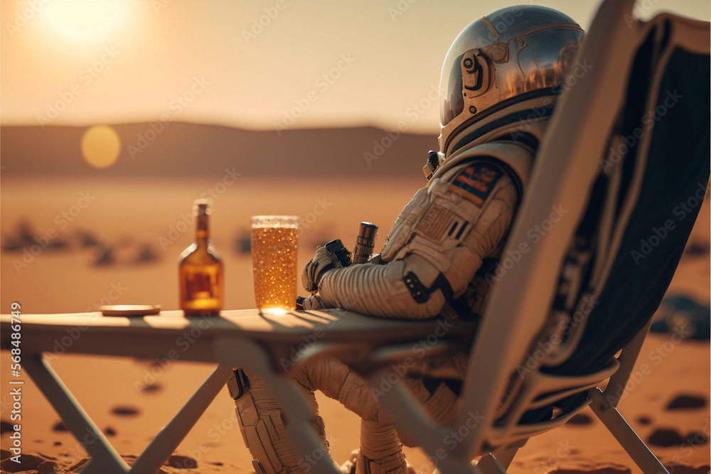 Wall mural an astronaut sits on a chair and basks under the rays of a bright star while drinking beer on an ali