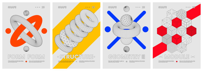 Strange extraordinary graphic assets wireframes of geometrical shapes, Anti-design minimalistic hipster colored digital collage, vector set posters inspired by brutalism, contemporary artwork