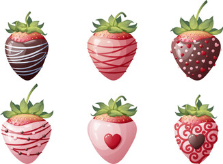 Set of strawberries in chocolate with decoration on an isolated background. Romance, valentine s day, sweet dessert. Vector illustration.