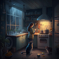A girl is preparing a salad in the kitchen, a small cat and a cocker spaniel are waiting on the floor next to her for food, late evening, it's dark outside the window