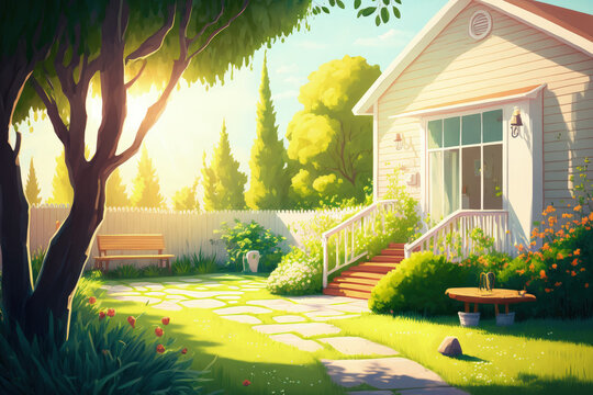 View of a charming backyard in the sun, a lawn of fresh green grass in the sunshine, garden landscaping, and the beauty of summer. Generative AI