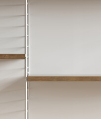 Minimal style mockup for product presentation. Minimal interior. Wood bookshelf on white wall background. 3d rendering illustration. Clipping path of each element included.