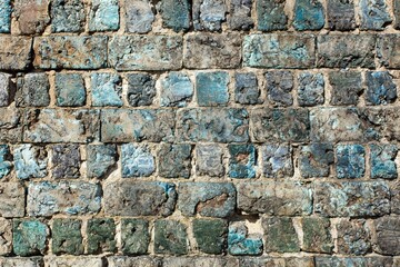 Closeup of grungy stone brick wall, background texture, Taalintehdas, Finland.