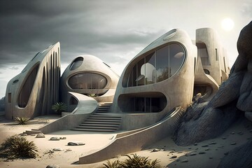 A futuristic home with flowing organic shapes that fits perfectly into the surrounding landscape. Creative concept of the future. Generative AI archtectural photography.