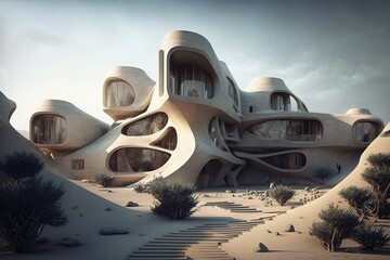A futuristic home with flowing organic shapes that fits perfectly into the surrounding landscape. Creative concept of the future. Generative AI archtectural photography.