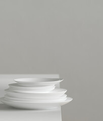 Minimal style mockup for product presentation. White dish stack on grey background. 3d rendering illustration. Clipping path of each element included.