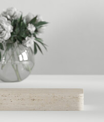 Minimal style mockup for product presentation. Beige marble podium on grey background. 3d rendering illustration. Clipping path of each element included.
