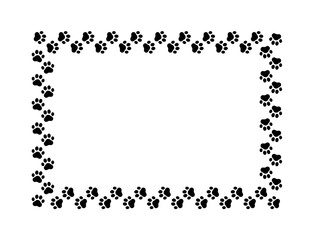 Frame paw pattern. Cute rectangle border dog or cat. Black footprint boarder isolated on white background. Mark animal frames. Silhouette step for design prints. Footmark lines. Vector illustration - obrazy, fototapety, plakaty