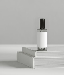 Minimal style mockup for product presentation. Book stack on grey background. 3d rendering illustration. Clipping path of each element included.