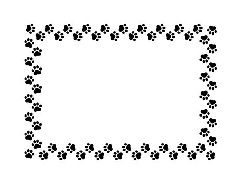 Frame paw pattern. Cute rectangle border dog or cat. Black footprint boarder isolated on white background. Mark animal frames. Silhouette step for design prints. Footmark lines. Vector illustration