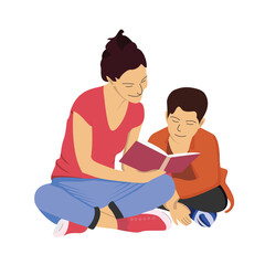 Beautiful mother teaching her young son by reading a book flat vector drawing