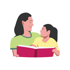 Obraz premium Pretty mother and her beautiful young daughter reading a book and looking at each other flat vector drawing