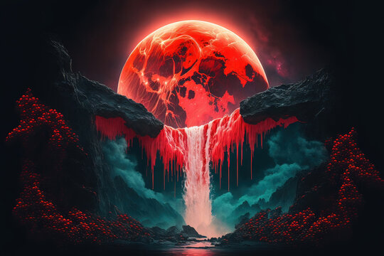 Red Moon Waterfall Generative AI	