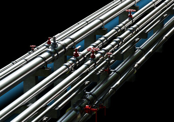 Fragment pipeline for chemical production. Steel pipes on black. Piping with pressure adjustment valves. Pipes for transportation chemical products. Pipeline of chemical factory on supports. 3d image