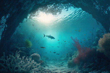 Underwater view of a marine environment with a blue ocean and untamed nature in the backdrop. Generative AI