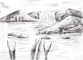 Pencil Drawing of Nature. Mountains. Waterfall. River