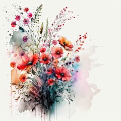 Red Wildflowers Bouquet Watercolor Painting 4. Generative AI.