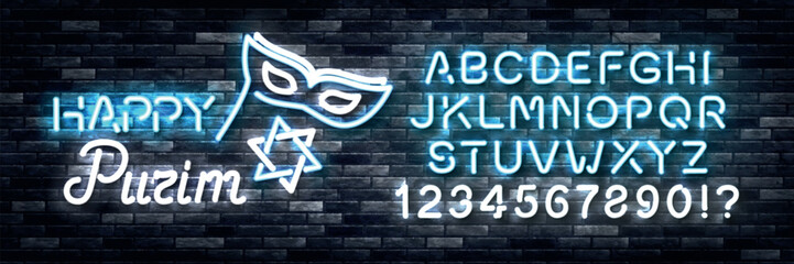 Vector realistic isolated neon sign of Happy Purim on the alphabet font on the wall background.