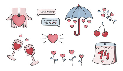 Set of cute hand drawn clipart stickers with hearts and flowers for Valentine's day. Can be used for cards, invitation, stickers, diary. Isolated vector illustration on white background.