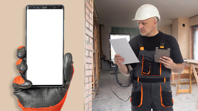 Builder at work. Phone with blank screen in hand. Male repairman is holding tablet. Builder electrician in unfinished building. Man examines building documents. Place for app in builder smartphone