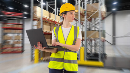 Woman fulfillment worker. Manager with laptop stands in warehouse building. Girl is specialist in...