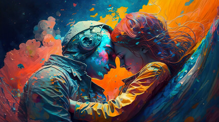 Fototapeta na wymiar Astronauts in love in space. About an imagined astronaut couple in love. Image generated by AI.
