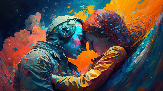 Astronauts in love in space. About an imagined astronaut couple in love. Image generated by AI.