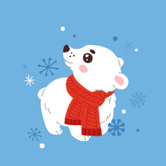 cute cartoon baby polar bear character in scarf and snowflakes on background