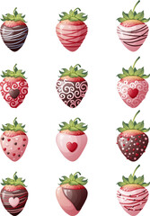 Set of strawberries in chocolate glaze on an isolated background. Sweets for Valentine s Day with delicious icing and decorations. Vector icons, stickers,