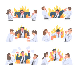 Furious Chief Screaming and Yelling in Anger at Scared Employee Vector Set.